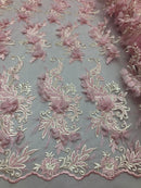 3D Embroided - Light Pink Flower And Leaf Pattern Fabric Fancy Flowers Fashion Fabric By The Yard