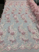3D Embroided - Light Pink Flower And Leaf Pattern Fabric Fancy Flowers Fashion Fabric By The Yard