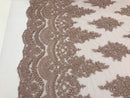 Mauve - Hand Beaded Embroidered Flower Pattern Bridal Wedding Lace Fabric Sold by The Yard