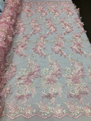 3D Embroided - Light Pink Flower And Leaf Pattern Fabric Fancy Flowers Fashion Fabric By The Yard