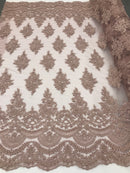 Mauve - Hand Beaded Embroidered Flower Pattern Bridal Wedding Lace Fabric Sold by The Yard