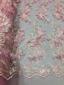 3D Embroided - Light Pink Flower And Leaf Pattern Fabric Fancy Flowers Fashion Fabric By The Yard