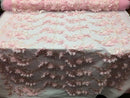 3D Embroided - Light Pink Flower And Leaf Pattern Fabric Fancy Flowers Fashion Fabric By The Yard