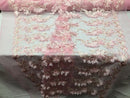 3D Embroided - Light Pink Flower And Leaf Pattern Fabric Fancy Flowers Fashion Fabric By The Yard