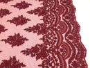 Burgundy  - Hand Beaded Embroidered Flower Pattern Bridal Wedding Lace Fabric Sold by The Yard