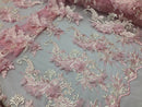 3D Embroided - Light Pink Flower And Leaf Pattern Fabric Fancy Flowers Fashion Fabric By The Yard