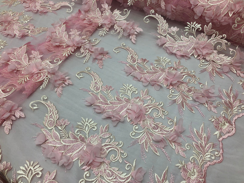 3D Embroided - Light Pink Flower And Leaf Pattern Fabric Fancy Flowers Fashion Fabric By The Yard