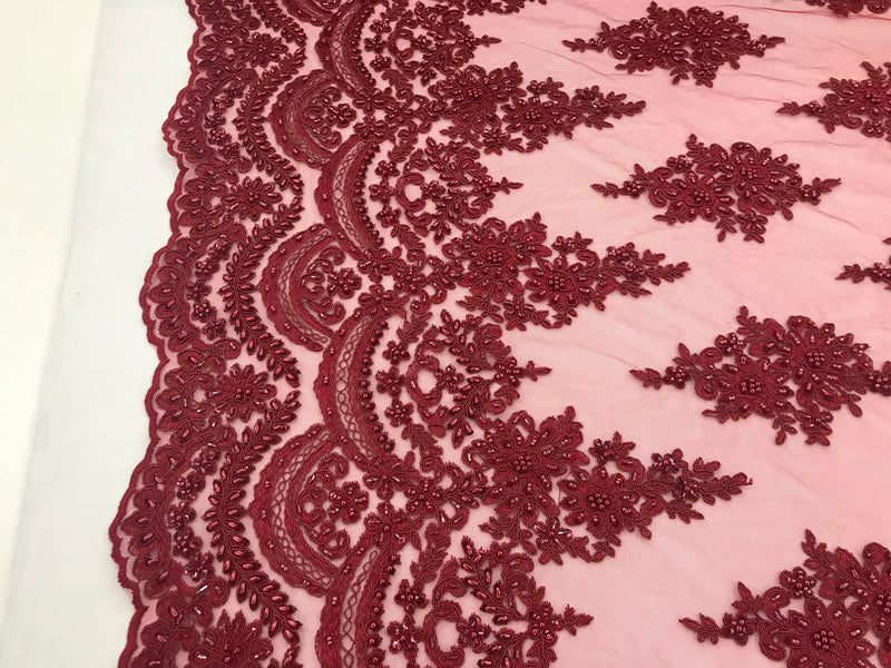 Burgundy  - Hand Beaded Embroidered Flower Pattern Bridal Wedding Lace Fabric Sold by The Yard