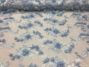 3D Embroided - Baby Blue Flower And Leaf Pattern Fabric Fancy Flowers Fashion Fabric By The Yard