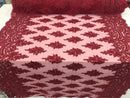Burgundy  - Hand Beaded Embroidered Flower Pattern Bridal Wedding Lace Fabric Sold by The Yard