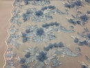 3D Embroided - Baby Blue Flower And Leaf Pattern Fabric Fancy Flowers Fashion Fabric By The Yard