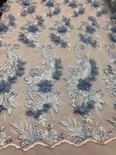3D Embroided - Baby Blue Flower And Leaf Pattern Fabric Fancy Flowers Fashion Fabric By The Yard