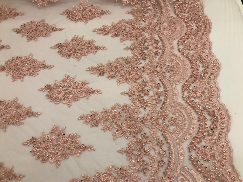 Blush Pink - Hand Beaded Embroidered Flower Pattern Bridal Wedding Lace Fabric Sold by The Yard