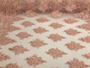 Blush Pink - Hand Beaded Embroidered Flower Pattern Bridal Wedding Lace Fabric Sold by The Yard