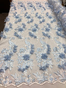 3D Embroided - Baby Blue Flower And Leaf Pattern Fabric Fancy Flowers Fashion Fabric By The Yard