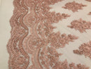 Blush Pink - Hand Beaded Embroidered Flower Pattern Bridal Wedding Lace Fabric Sold by The Yard