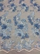 3D Embroided - Baby Blue Flower And Leaf Pattern Fabric Fancy Flowers Fashion Fabric By The Yard