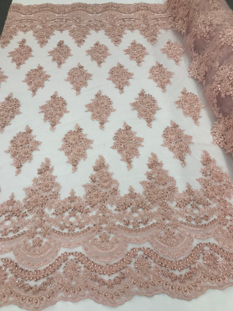 Blush Pink - Hand Beaded Embroidered Flower Pattern Bridal Wedding Lace Fabric Sold by The Yard