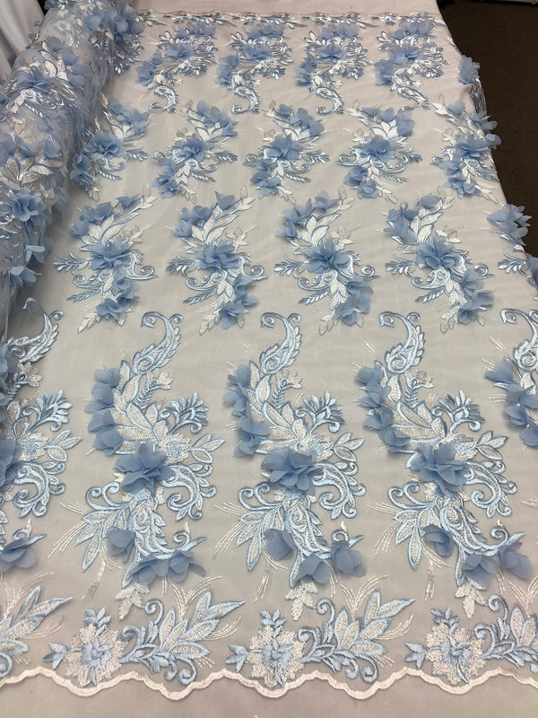 3D Embroided - Baby Blue Flower And Leaf Pattern Fabric Fancy Flowers Fashion Fabric By The Yard