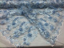 3D Embroided - Baby Blue Flower And Leaf Pattern Fabric Fancy Flowers Fashion Fabric By The Yard