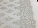 White - Hand Beaded Embroidered Flower Pattern Bridal Wedding Lace Fabric Sold by The Yard