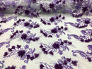 3D Embroided - Lilac Flower And Leaf Pattern Fabric Fancy Flowers Fashion Fabric By The Yard
