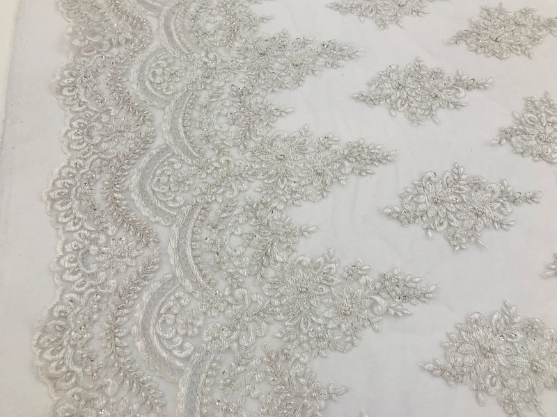 White - Hand Beaded Embroidered Flower Pattern Bridal Wedding Lace Fabric Sold by The Yard