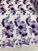 3D Embroided - Lilac Flower And Leaf Pattern Fabric Fancy Flowers Fashion Fabric By The Yard