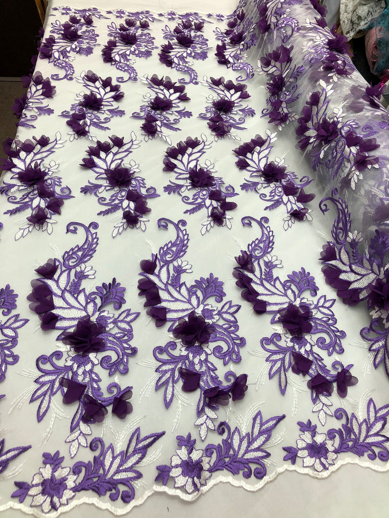 3D Embroided - Lilac Flower And Leaf Pattern Fabric Fancy Flowers Fashion Fabric By The Yard