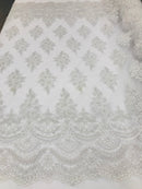 White - Hand Beaded Embroidered Flower Pattern Bridal Wedding Lace Fabric Sold by The Yard