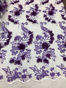 3D Embroided - Lilac Flower And Leaf Pattern Fabric Fancy Flowers Fashion Fabric By The Yard