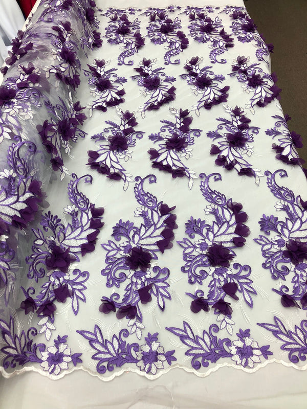 3D Embroided - Lilac Flower And Leaf Pattern Fabric Fancy Flowers Fashion Fabric By The Yard