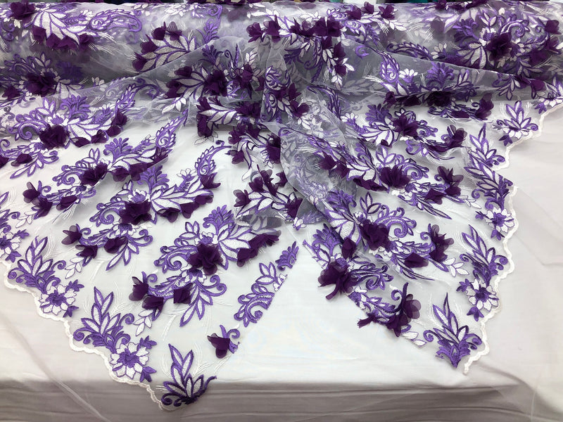 3D Embroided - Lilac Flower And Leaf Pattern Fabric Fancy Flowers Fashion Fabric By The Yard