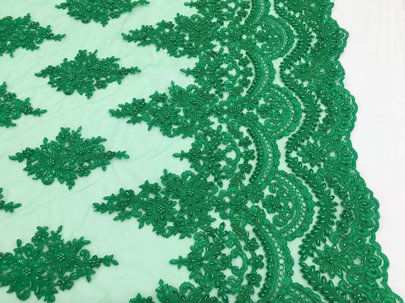 Green - Hand Beaded Embroidered Flower Pattern Bridal Wedding Lace Fabric Sold by The Yard