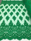 Green - Hand Beaded Embroidered Flower Pattern Bridal Wedding Lace Fabric Sold by The Yard
