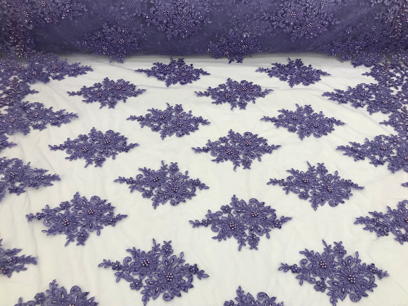 Lilac - Hand Beaded Embroidered Flower Pattern Bridal Wedding Lace Fabric Sold by The Yard