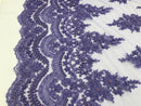 Lilac - Hand Beaded Embroidered Flower Pattern Bridal Wedding Lace Fabric Sold by The Yard