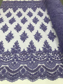 Lilac - Hand Beaded Embroidered Flower Pattern Bridal Wedding Lace Fabric Sold by The Yard