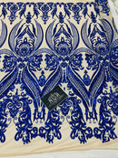 4 Way Stretch Fabric - Royal Blue - Fancy Pattern Design Sequins Fashion Fabric Mesh By Yard