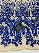 4 Way Stretch Fabric - Royal Blue - Fancy Pattern Design Sequins Fashion Fabric Mesh By Yard
