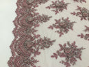 Pink and Silver Hand Beaded Embroidered Floral Fabric Lace Bridal Wedding Designs By The Yard