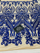 4 Way Stretch Fabric - Royal Blue - Fancy Pattern Design Sequins Fashion Fabric Mesh By Yard