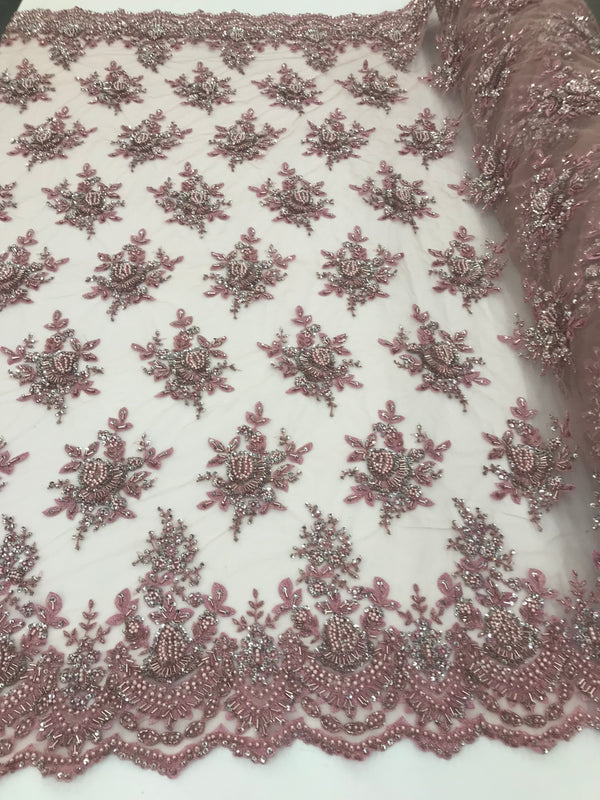 Pink and Silver Hand Beaded Embroidered Floral Fabric Lace Bridal Wedding Designs By The Yard