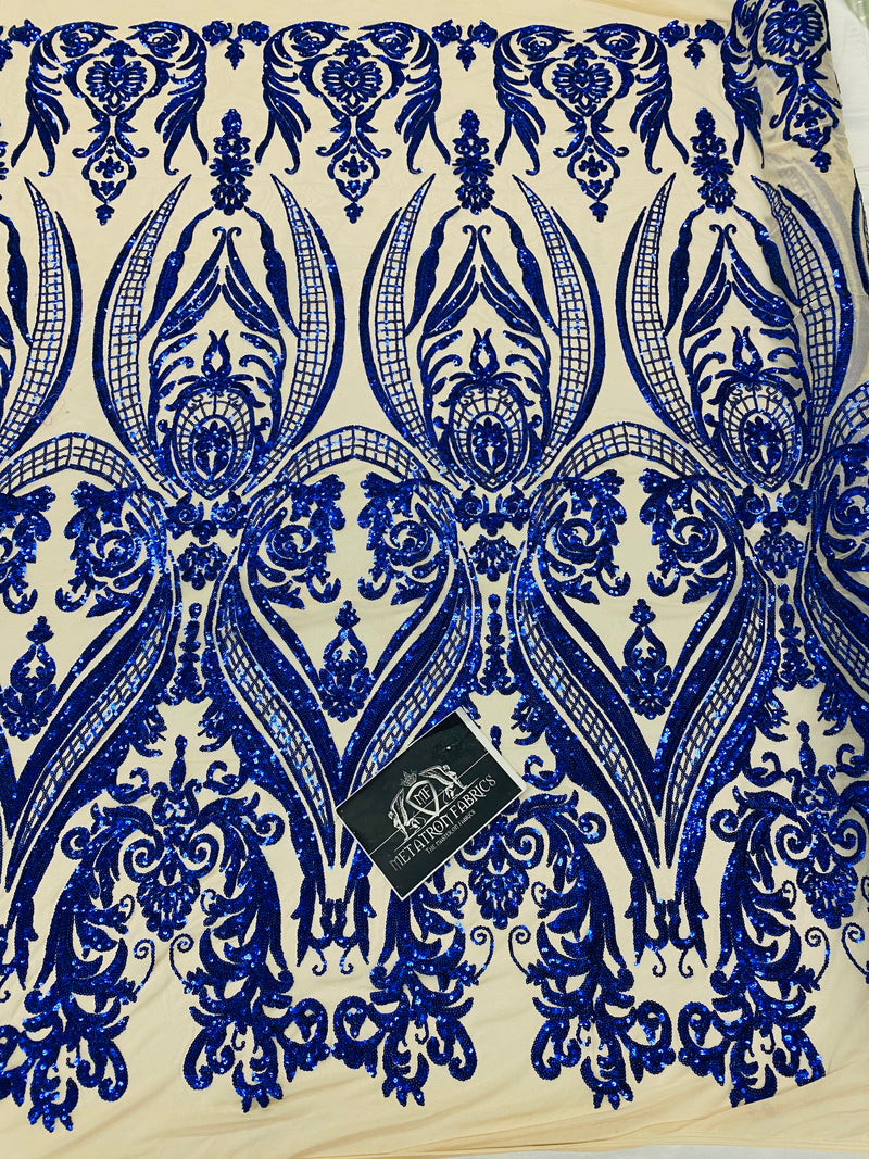 4 Way Stretch Fabric - Royal Blue - Fancy Pattern Design Sequins Fashion Fabric Mesh By Yard