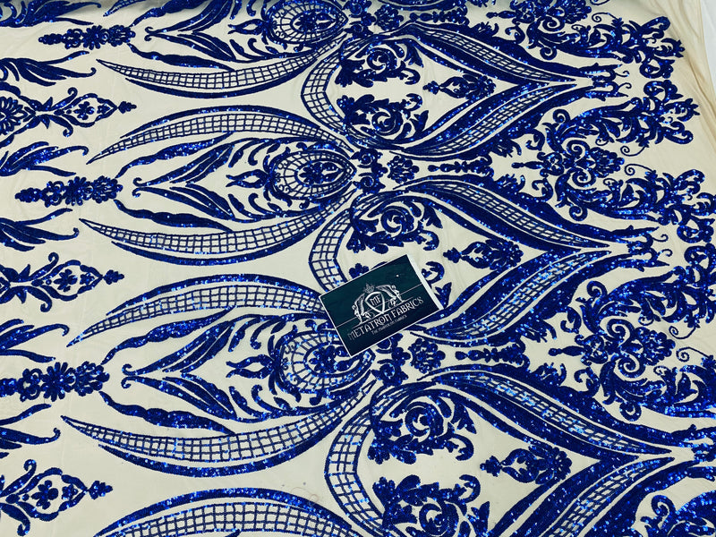 4 Way Stretch Fabric - Royal Blue - Fancy Pattern Design Sequins Fashion Fabric Mesh By Yard