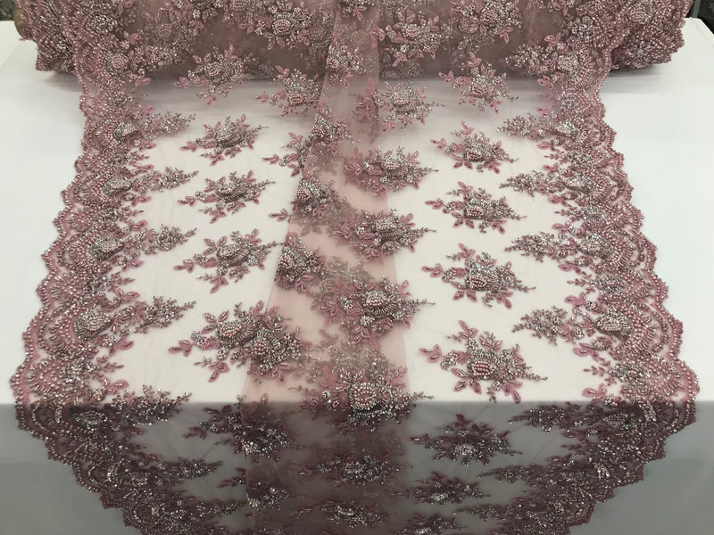 Pink and Silver Hand Beaded Embroidered Floral Fabric Lace Bridal Wedding Designs By The Yard