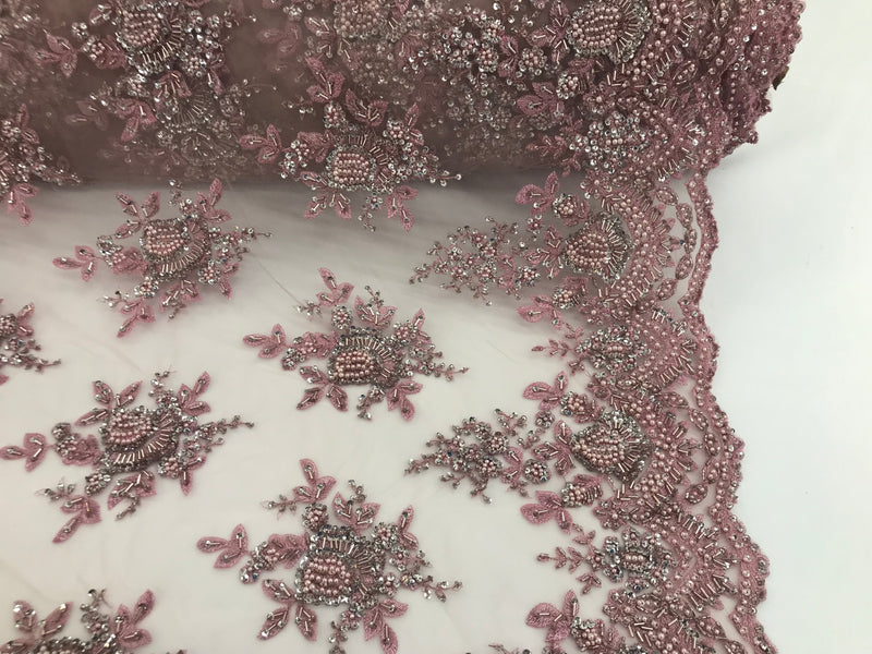 Pink and Silver Hand Beaded Embroidered Floral Fabric Lace Bridal Wedding Designs By The Yard