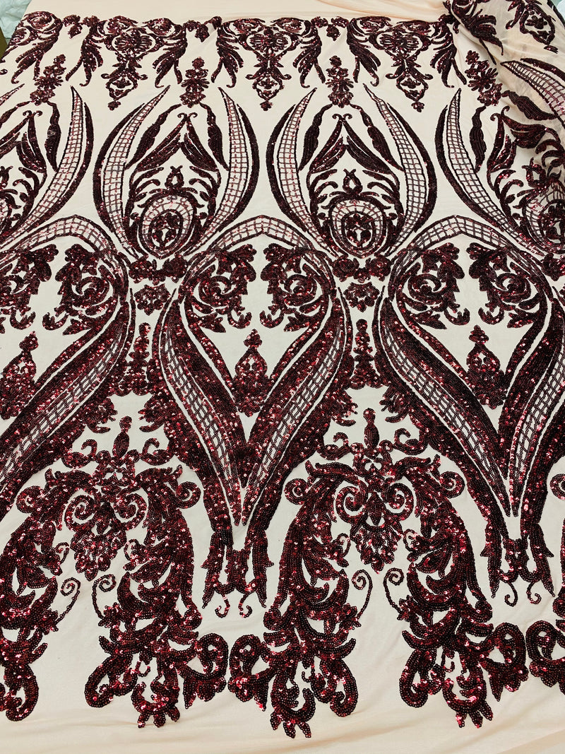 4 Way Stretch Fabric - Burgundy - Fancy Pattern Design Sequins Fashion Fabric Mesh By Yard