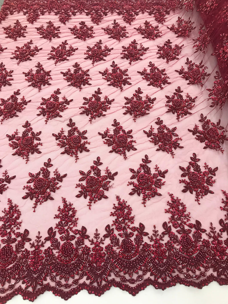 Burgundy Hand Beaded Embroidered Floral Fabric Lace Bridal Wedding Designs By The Yard