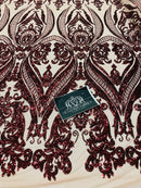 4 Way Stretch Fabric - Burgundy - Fancy Pattern Design Sequins Fashion Fabric Mesh By Yard